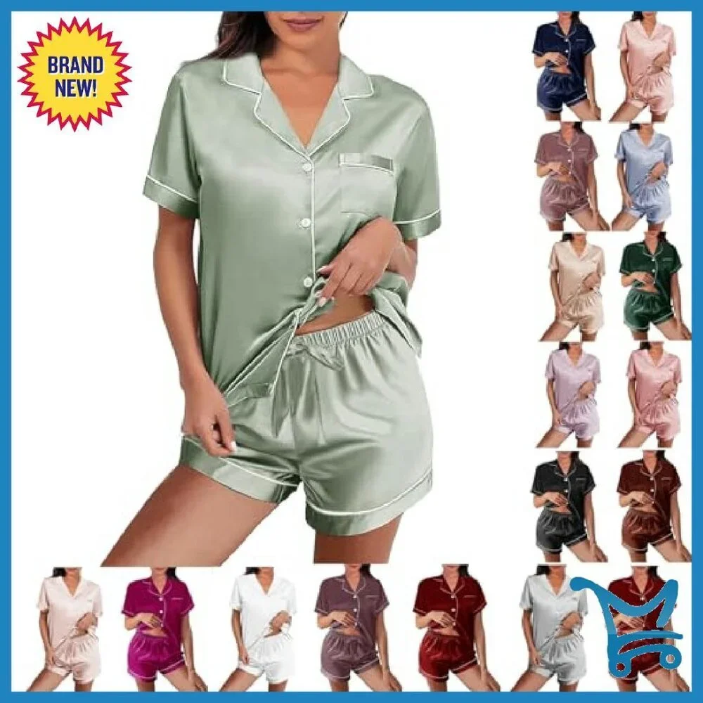 Silk Satin Pajama Set Loungewear Sleepwear Button-Down Floral PJs
